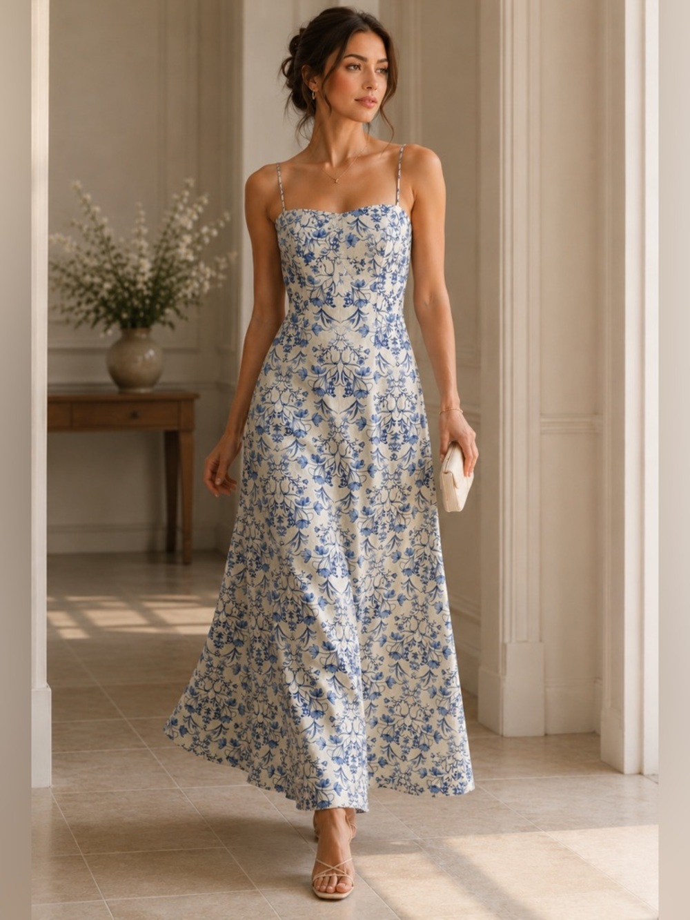 1.STATE Blue Floral Linen Blend Maxi Dress Smocked Back XS/Small Cottagecore